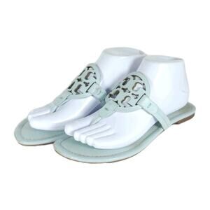 Tory Burch Women's Miller US8,5M Light Blue Leather Logo Flat Thong Sandals